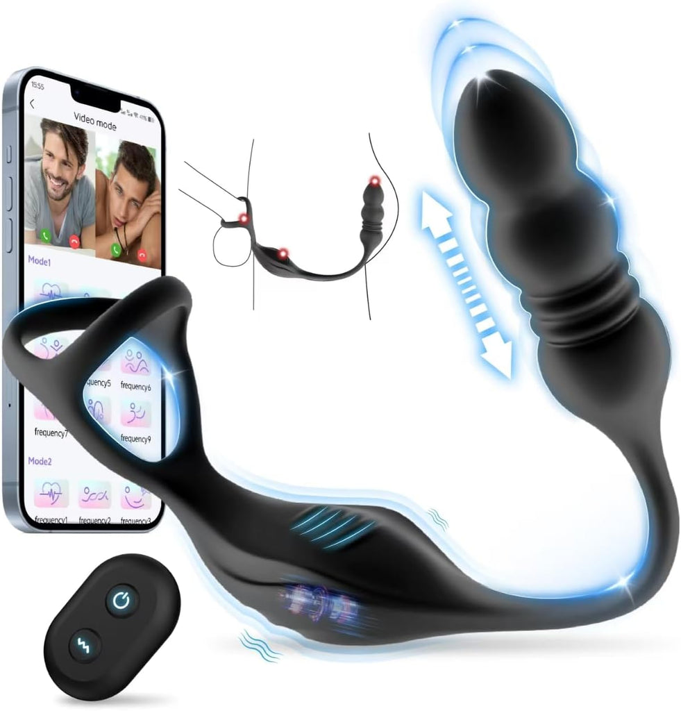 Thrusting Anal Vibrator Prostate Massager, Vibrating Cock Ring, Remote Control Anal Butt Plug, 9 Vibration Modes, Anal Bead，Male Vibrators for Men Adult Toys, Sex Toys for Men and Couple Pleasure