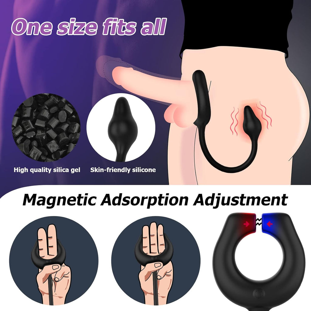 Vibrating Cock Ring with Anal Plug, Penis Ring Vibrator Magnet Adsorption Design, 10 Vibration Modes Adult Sex Toys for Men Coup