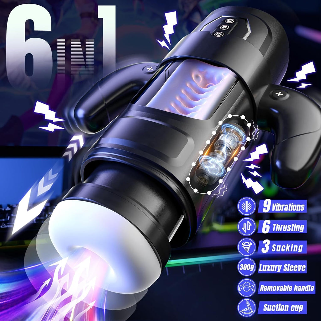 Male Masturbator Sex Toys for Men, Deluxe 6In1 Accelerate Boost Thrusting Sucking Vibrating 9 * 6 * 3 Modes 300g Sleeve Strong Suction Cup Sex Toys for Man Blowjob Adult Toys Mens Doll Stroker