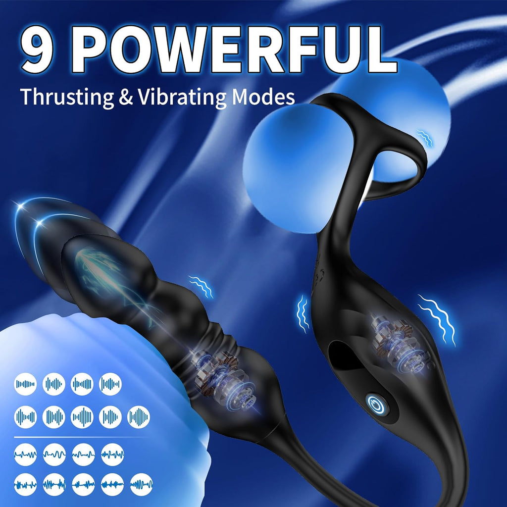 Thrusting Anal Vibrator Prostate Massager, Vibrating Cock Ring, Remote Control Anal Butt Plug, 9 Vibration Modes, Anal Bead，Male Vibrators for Men Adult Toys, Sex Toys for Men and Couple Pleasure
