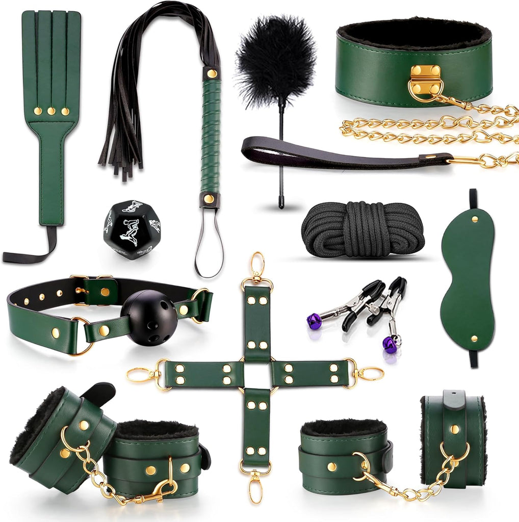BDSM adult sex toys, a 12-piece bondage set, including adjustable handcuffs, collar, ankle cuffs, blindfold, and feather tickler.