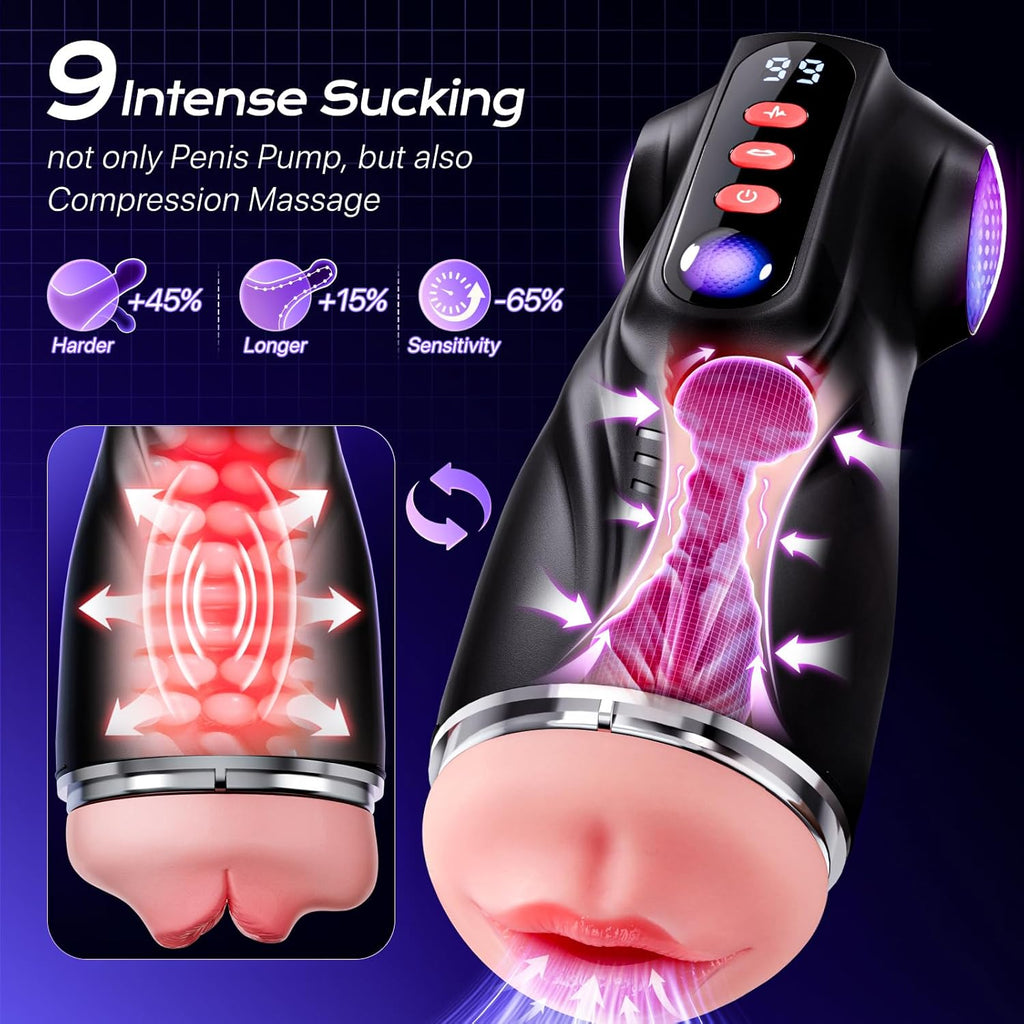 This male masturbation sex toy features 9 suction modes and 9 vibration modes, a pocket-sized vaginal model, and colored light stimulation